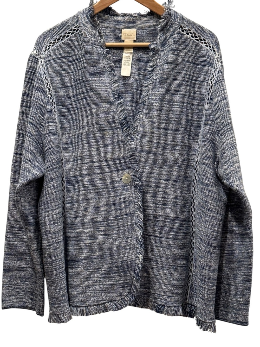 Chico’s Blue Marled Cotton Linen Fringe Cardigan Jacket – Size 4 XXL